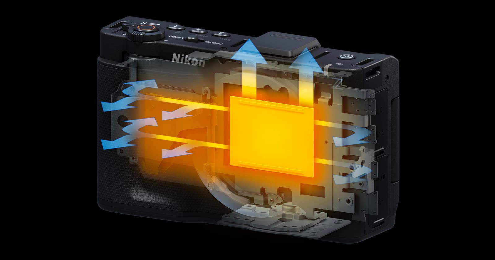 Распределение тепла в Nikon ZR спереди